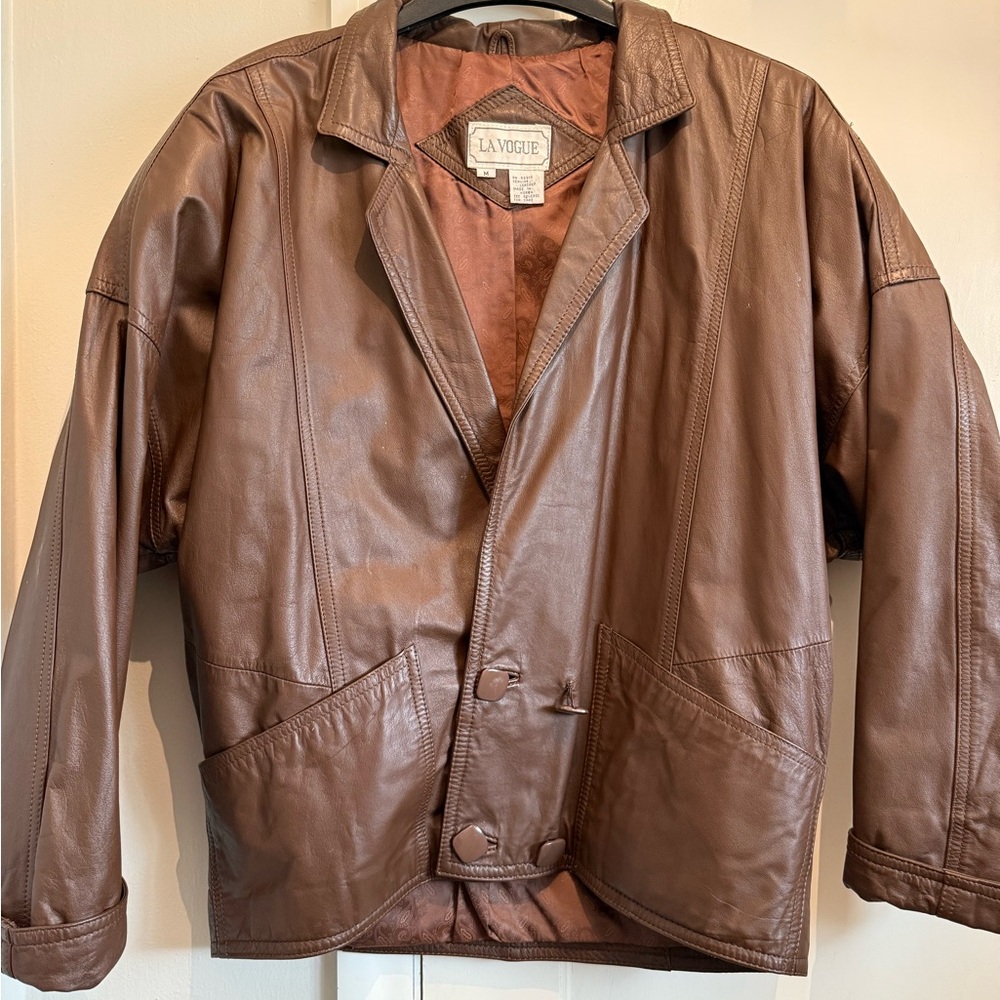 Vogue Brown Leather Jacket with Ribbed Collar